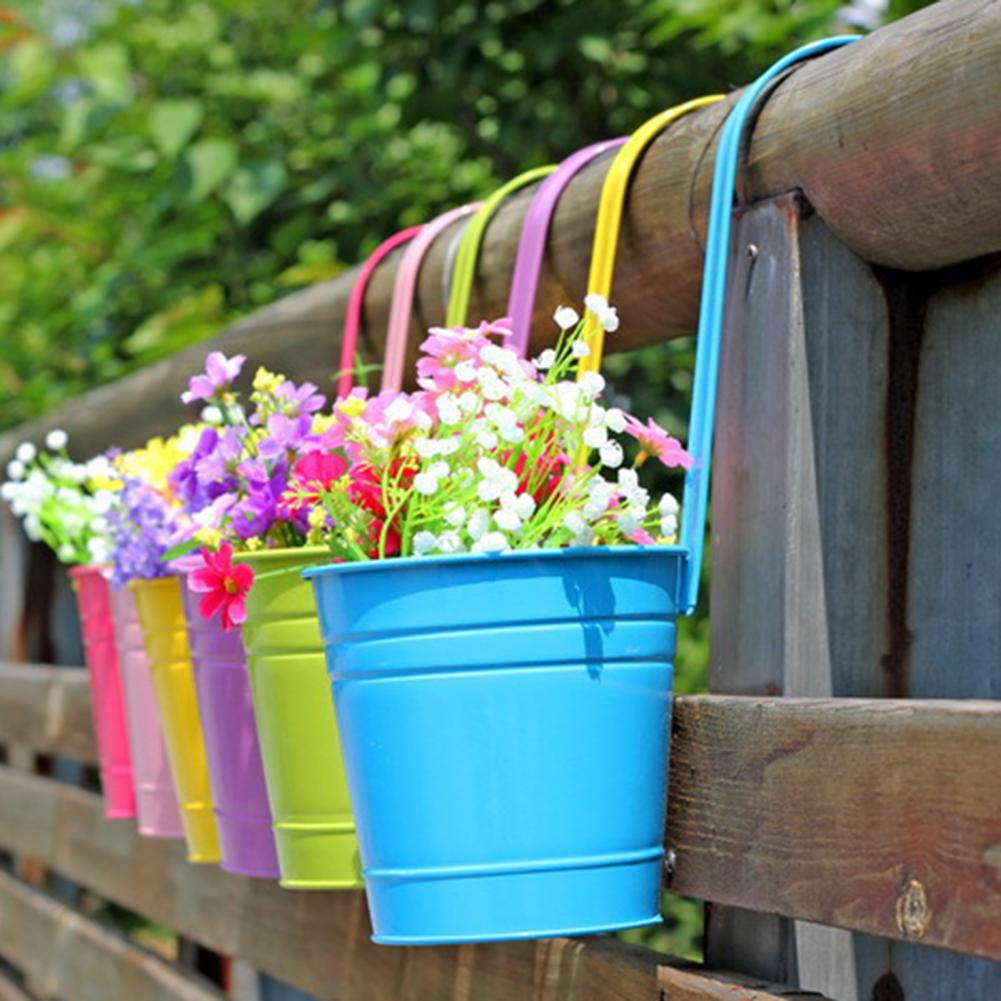 Wall Hanging Flower Pots Metal Fence Hanging Plant Pots Iron Garden Planter Pots Tin Bucket Holder Basket Home Garden