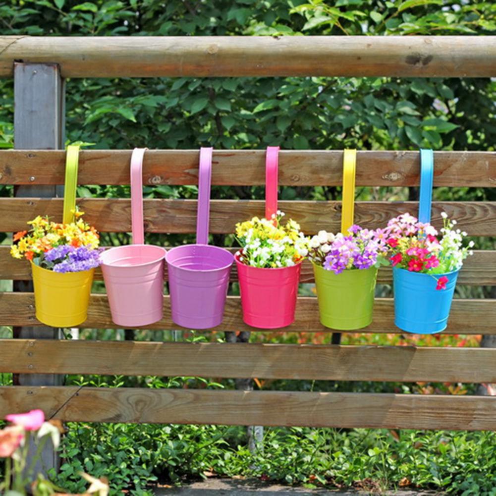 Wall Hanging Flower Pots Metal Fence Hanging Plant Pots Iron Garden Planter Pots Tin Bucket Holder Basket Home Garden