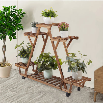 Triangular Plant Shelf 6 Potted Carbonized Wood Plant Holder Flower Pot Stand Display Storage Rack with Wheels for Garden