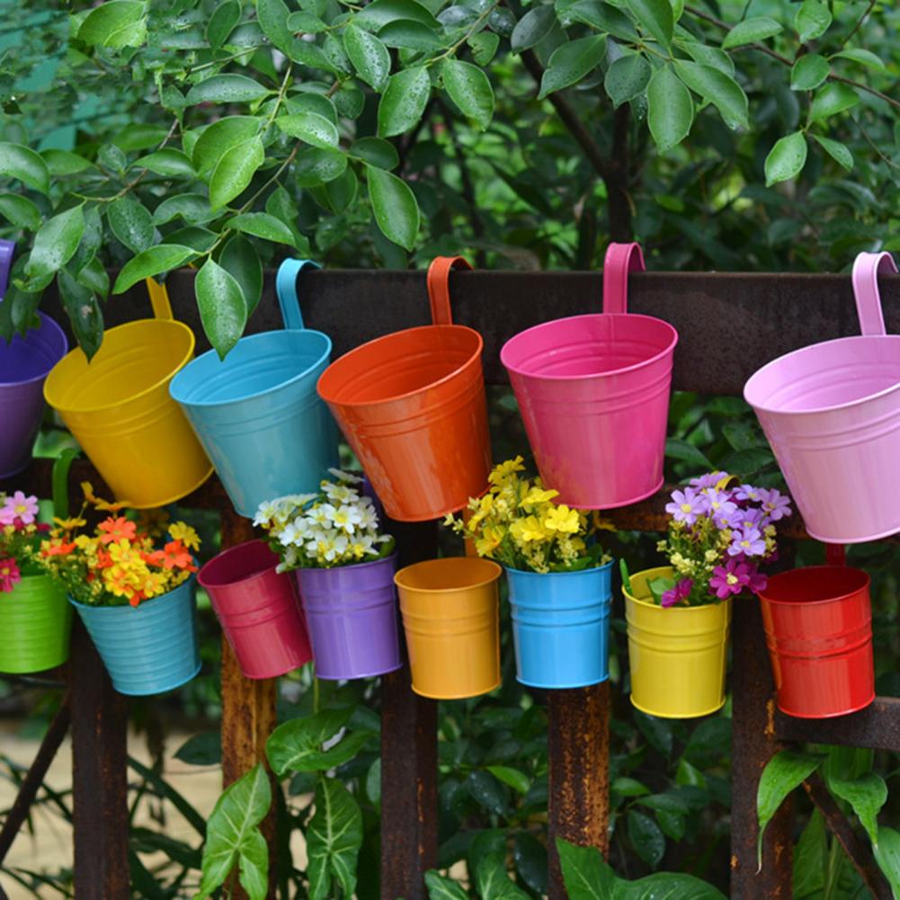 Wall Hanging Flower Pots Metal Fence Hanging Plant Pots Iron Garden Planter Pots Tin Bucket Holder Basket Home Garden