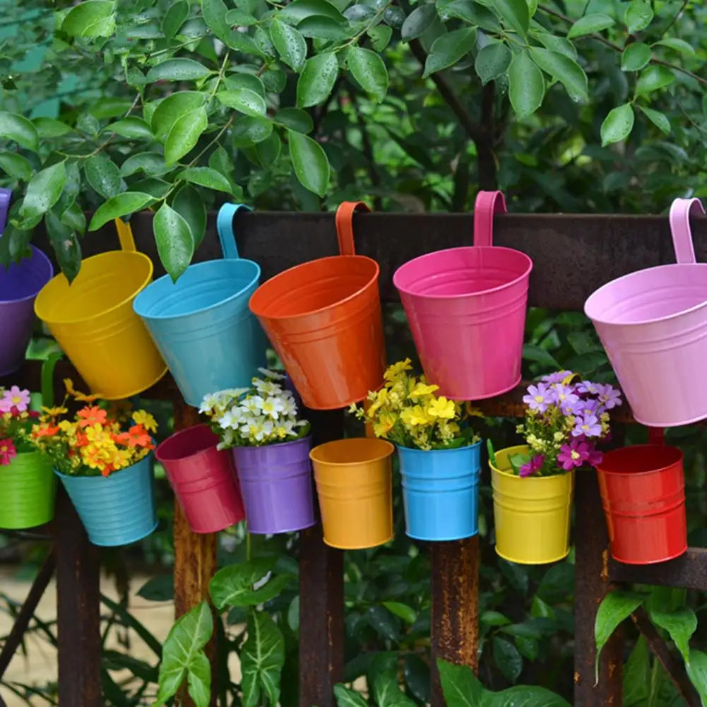 Wall Hanging Flower Pots Metal Fence Hanging Plant Pots Iron Garden Planter Pots Tin Bucket Holder Basket Home Garden