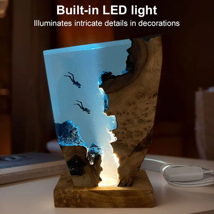 Ocean Creative Epoxy Resin Wood Light Lamp, Handmade Multi Color Deep Sea Diver Cave Diving Led Night Light