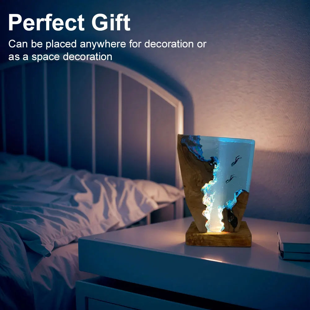 Ocean Creative Epoxy Resin Wood Light Lamp, Handmade Multi Color Deep Sea Diver Cave Diving Led Night Light