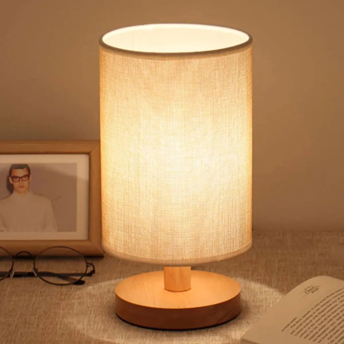 USB Bedside Lamp Night Lights Table Lamp For Bedroom Wooden Desk Lamp Bedside Night Light with Cylinder Lamp Shade Home Decor