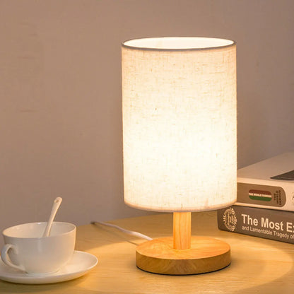 USB Bedside Lamp Night Lights Table Lamp For Bedroom Wooden Desk Lamp Bedside Night Light with Cylinder Lamp Shade Home Decor