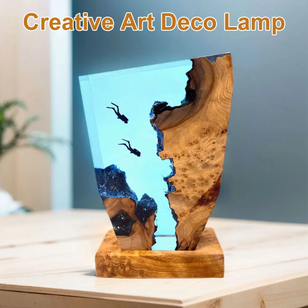 Ocean Creative Epoxy Resin Wood Light Lamp, Handmade Multi Color Deep Sea Diver Cave Diving Led Night Light