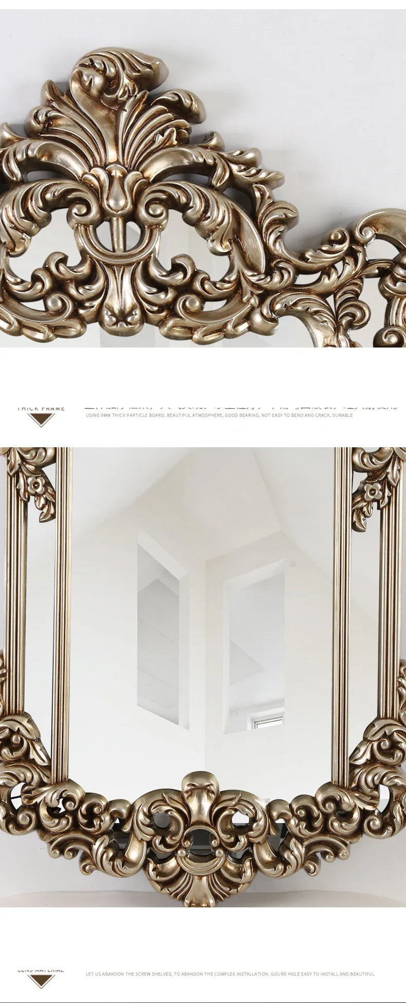 Carved wall mount makeup mirror 74x120cm, easy to install