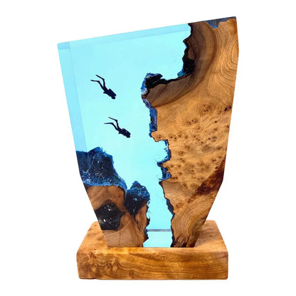 Ocean Creative Epoxy Resin Wood Light Lamp, Handmade Multi Color Deep Sea Diver Cave Diving Led Night Light